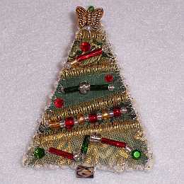 Red, Green, Gold Christmas Tree Pin, Pendant, Sue Andrus